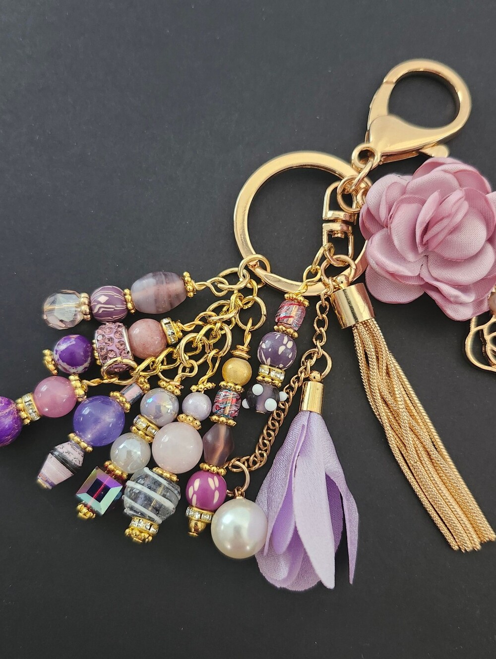 Floral Purse Charm or Keychain Quartz Stone Glass Paper Handcrafted